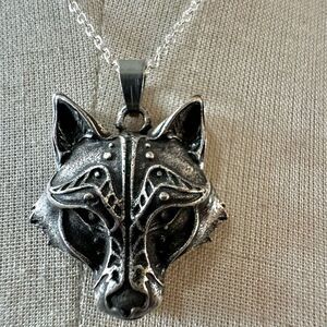 Silver tone wolf pendant necklace